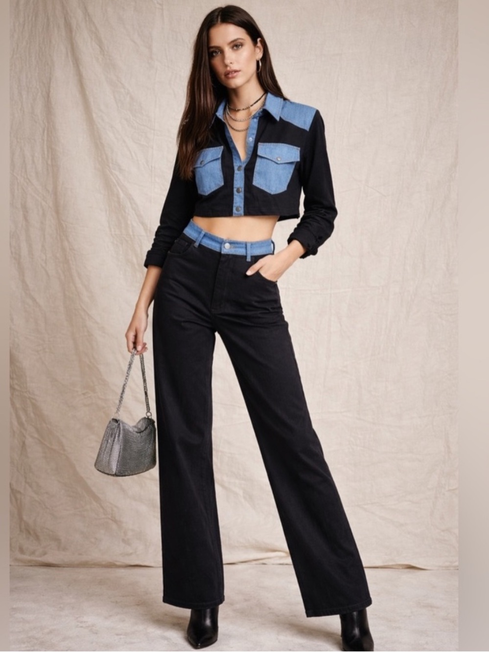 Hot & Delicious Black Snap Frt Top and Wide-Leg Pants with Blue Jean Contrast S